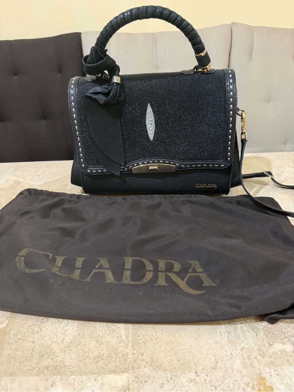 Chadra Black Textured Top-Handle Satchel with Gold Accents